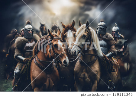 A group of horses and knights in Western armor 129111345