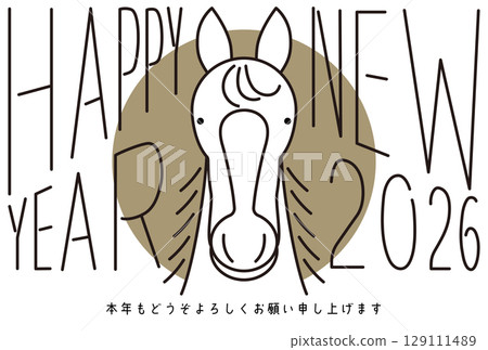 Simple line drawing New Year's card template for the Year of the Horse 2026 with greeting message 129111489