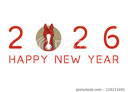 Simple line drawing New Year's card template for the Year of the Horse 2026 logo 129111491