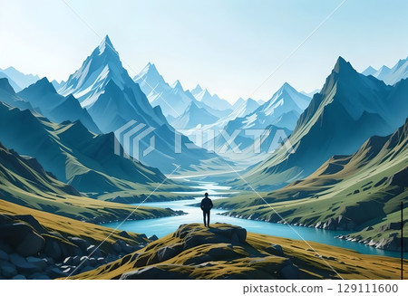 Mountain valley vista with lone traveler Mountain valley vista with lone traveler 129111600