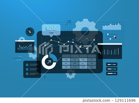 Marketing performance dashboard with conversion metrics, engagement charts and automated reporting. Marketing performance dashboard for digital ad campaign optimization and growth vector illustration 129111696