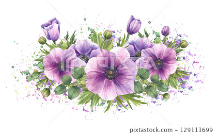 Anemone flowers with eucalyptus silver dollar romantic bouquet on watercolor purple, green, splashes, spotted background. Isolated hand drawn vibrant illustration floral for wedding, greeting card. Anemone flowers with eucalyptus silver dollar romantic bouquet on watercolor purple, green, splashes, spotted background. Isolated hand drawn vibrant illustration floral for wedding, greeting card. 129111699