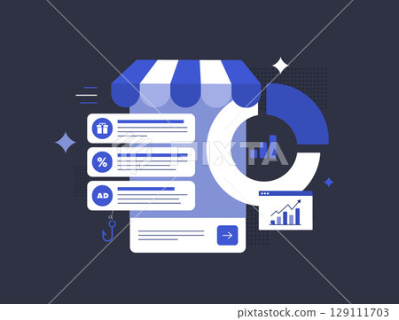 Promotional mix optimization with AI-driven e-commerce analytics, automated discount strategy, gifts and ad performance. Promotional mix optimization to increase business sales and ROI illustration Promotional mix optimization with AI-driven e-commerce analytics, automated discount strategy, gifts and ad performance. Promotional mix optimization to increase business sales and ROI illustration 129111703