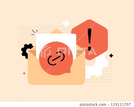 Phishing email link alert with suspicious message detection, email security audit. Phishing e-mail link spam filter analysis, cyber threat prevention, safe digital communication. Vector illustration 129111707