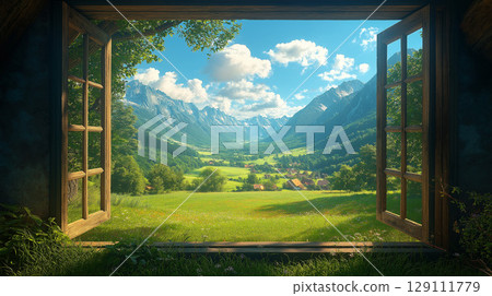 透過窗戶看到的鄉村風景 129111779
