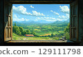 透過窗戶看到的鄉村風景 129111798
