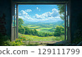 透過窗戶看到的鄉村風景 129111799