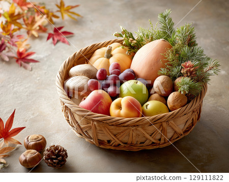 A warm landscape made with autumn fruits and vegetables 129111822