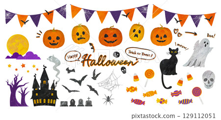萬聖節插圖集:南瓜、蝙蝠、糖果等手繪向量插圖。 萬聖節插圖集:南瓜、蝙蝠、糖果等手繪向量插圖。 129112051