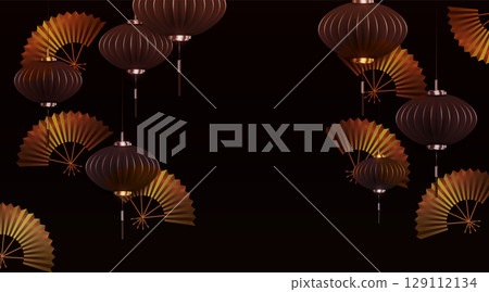 Chinese New Year.2026.Exquisite dark colored greeting card with hot air lanterns and golden fans 129112134