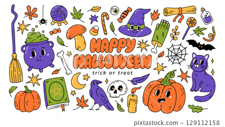 Happy Halloween set of characters and elements. Cute collection of pumpkin, cauldron, cat and playful creatures. Hand drawn vector illustration in retro style. 129112158