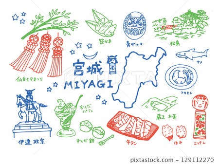 A set of cute and relaxed Miyagi prefecture illustrations (pen drawings) 129112270