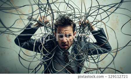 Debt Concept, Man tangled in strings of budget cuts symbolizing economic Debt Concept, Man tangled in strings of budget cuts symbolizing economic 129112721