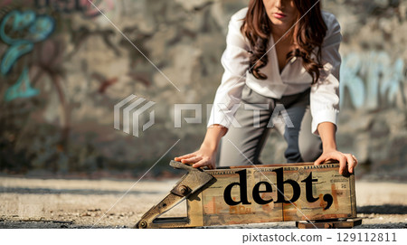 Debt Concept, Woman stepping into a bear trap labeled debt illustration 129112811