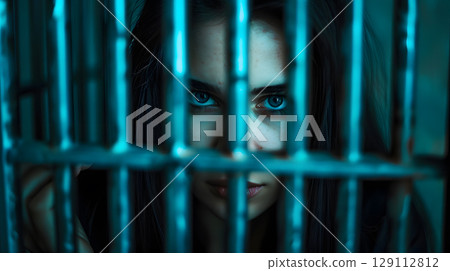 Debt Concept, Woman stuck in a cage made of declining stock bars 129112812