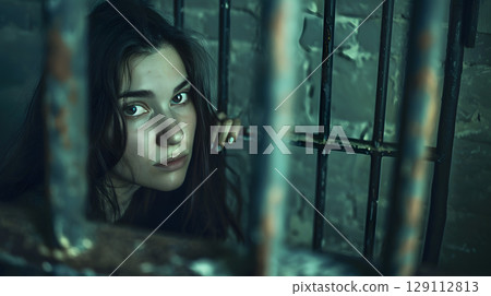 Debt Concept, Woman trapped in a prison cell of high-interest loan Debt Concept, Woman trapped in a prison cell of high-interest loan 129112813