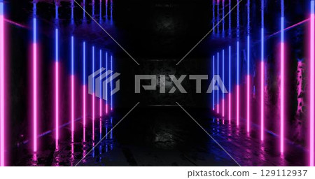 3D Rendering. Geometric figure in neon light against a dark tunnel. Laser glow. 129112937