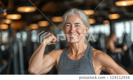 Confident senior woman flexes her arm and smiles proudly in a modern gym, showing strength, vitality, and healthy aging with a strong, active lifestyle. 129112938