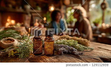 Two amber glass essential oil bottles sit on a rustic wooden table surrounded by herbs in a cozy, candle-lit herbal apothecary with blurred background figures. 129112939