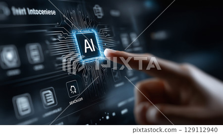 Futuristic user interface with a glowing AI button being activated by a finger, symbolizing artificial intelligence technology and digital innovation. 129112940