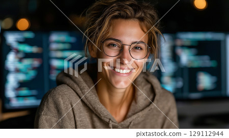 Smiling female programmer wearing glasses and hoodie, sitting in front of multiple monitors displaying code in a dimly lit workspace. 129112944