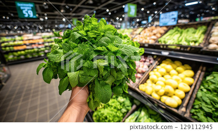A fresh bunch of mint leaves held in hand at a supermarket produce section, with vegetables and greens displayed in the background. 129112945