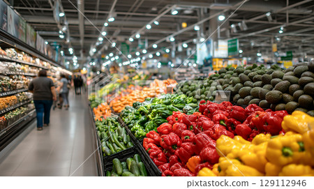 Colorful fresh vegetables neatly arranged in a supermarket produce section, with shoppers browsing under bright modern lighting. 129112946