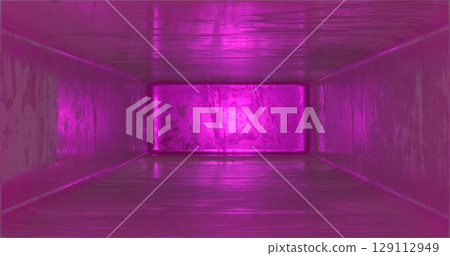 3D rendering. Futuristic corridor with old metal walls and floor, illuminated by ultraviolet light. Apocalyptic scene. 3D rendering. Futuristic corridor with old metal walls and floor, illuminated by ultraviolet light. Apocalyptic scene. 129112949