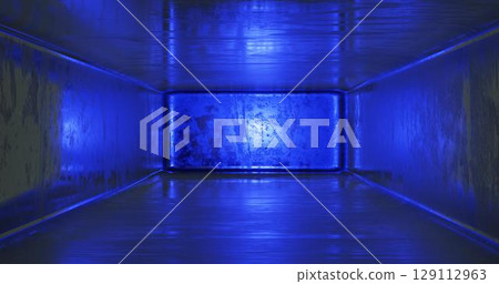 3D rendering. Futuristic corridor with old metal walls and floor, illuminated by blue light. Apocalyptic scene. 3D rendering. Futuristic corridor with old metal walls and floor, illuminated by blue light. Apocalyptic scene. 129112963