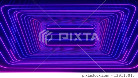 3D Rendering. Geometric figure in neon light against a dark tunnel. Laser glow. 129113013