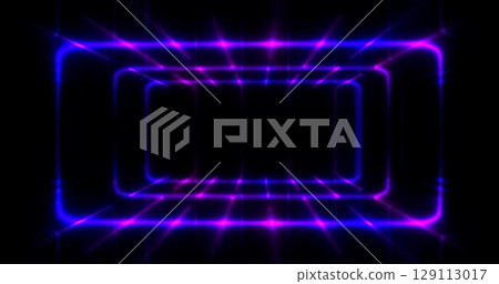 3D Rendering. Geometric figure in neon light against a dark tunnel. Laser glow. 129113017