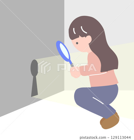 一位女士蹲下並試圖用放大鏡透過小鑰匙孔觀察 一位女士蹲下並試圖用放大鏡透過小鑰匙孔觀察 129113044