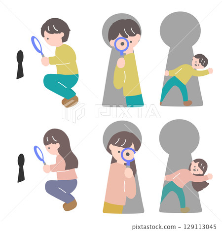 鑰匙孔和年輕男女的插圖集用於解決問題和解決難題的插圖 129113045