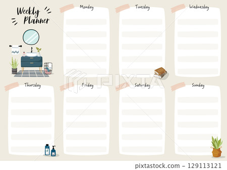 空白週記表格圖案手繪風格可愛浴室日記本設計兒童書寫文章本寫作本待辦事項清單備忘盒日記本素材表 129113121