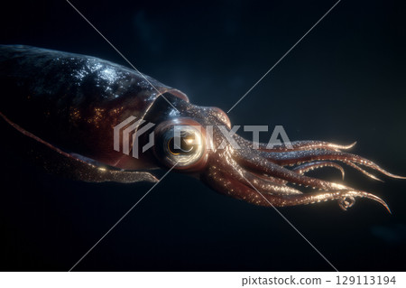 A colossal squid swimming in the deep ocean, its enormous eyes glowing in the darkness 129113194