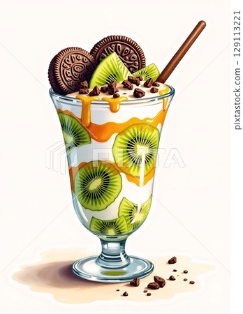 A colorful digital drawing of a fruit parfait. This cartoon dessert illustration features kiwi and chocolate cookies in a glass, perfect for use as clip art, stickers or graphics. 129113221