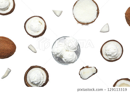 Coconuts and ice cream artfully arranged, isolated on white, PNG Coconuts and ice cream artfully arranged, isolated on white, PNG 129113319