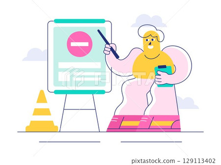 Driving School Vector Illustration Featuring the Educational Process of Car Training and Learning to Drive to Obtain a Drivers License in a Background 129113402