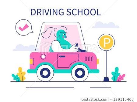 Driving School Vector Illustration Featuring the Educational Process of Car Training and Learning to Drive to Obtain a Drivers License in a Background Driving School Vector Illustration Featuring the Educational Process of Car Training and Learning to Drive to Obtain a Drivers License in a Background 129113403
