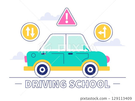 Driving School Vector Illustration Featuring the Educational Process of Car Training and Learning to Drive to Obtain a Drivers License in a Background Driving School Vector Illustration Featuring the Educational Process of Car Training and Learning to Drive to Obtain a Drivers License in a Background 129113409