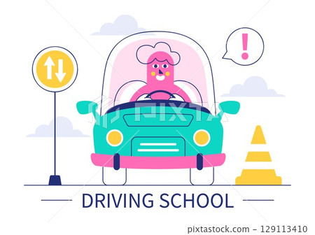 Driving School Vector Illustration Featuring the Educational Process of Car Training and Learning to Drive to Obtain a Drivers License in a Background 129113410