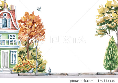 Rectangular frame with a city green house and lanterns against the background of autumn trees. Isolated watercolor illustration for the design of seasonal menus, announcements, excursion posters. Rectangular frame with a city green house and lanterns against the background of autumn trees. Isolated watercolor illustration for the design of seasonal menus, announcements, excursion posters. 129113430