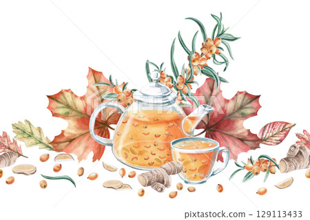 Seamless border with sea buckthorn tea, ginger and autumn leaves. Isolated watercolor illustration for seasonal menu design, kitchenware and textiles, printing on posters and postcards. 129113433