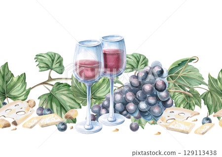 Seamless border with wine glasses, cheese, grapes and vine. Isolated watercolor illustration for textile design for kitchen, tableware, interior, printing on posters for harvest festival, Wine Day. 129113438