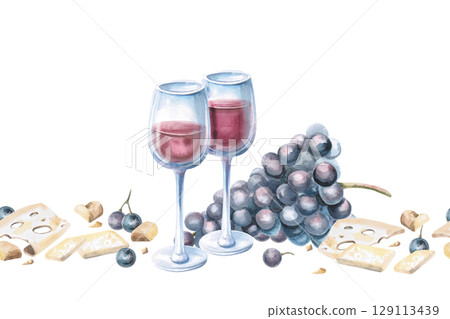 Seamless border with wine glasses, cheese and grapes. Isolated watercolor illustration for design of textiles for kitchen, tableware, interior, printing on posters for harvest festival, Wine Day. 129113439