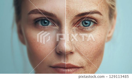 年輕皮膚與年長皮膚瑕疵對比 - 半邊臉部前後 129113485
