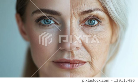 皮膚變化、美麗和老化的視覺表現，比較年輕女性臉部一半和老年女性臉部一半的皺紋 129113486