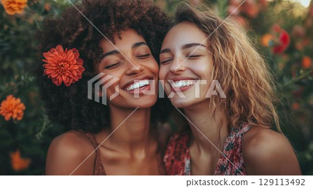Two smiling women standing close together - a portrait of friendship shining in nature 129113492