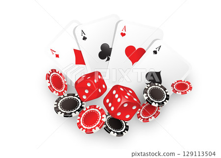 Falling aces and casino chips on white background. Playing cards, red and black money chips. Gambling Poker and card games. 129113504