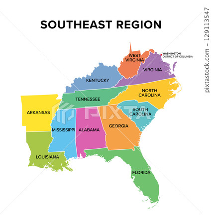 Southeast region of United States, colored map. Also Southeastern United States, American Southeast, or simply Southeast, a geographic region, consisting of 12 contiguous states, and Washington, D.C. 129113547
